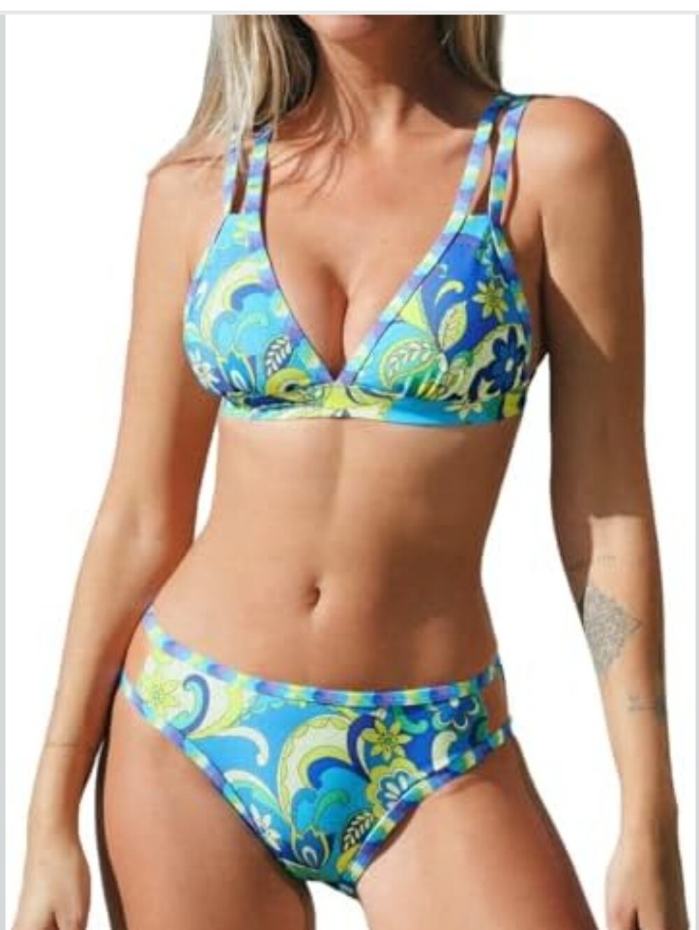 CUPSHE Women's Bikini Set Two Piece Swimsuits Strappy Blue and Green Floral S